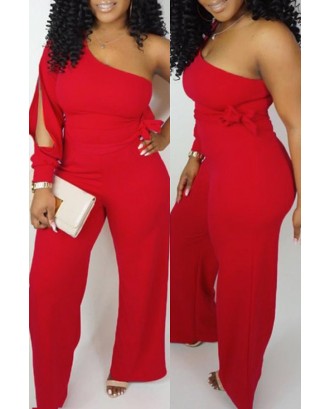 Lovely Work One Shoulder Red One-piece Jumpsuit