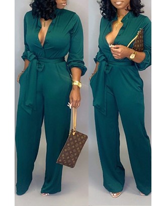 Lovely Work Lace-up Loose Green One-piece Jumpsuit