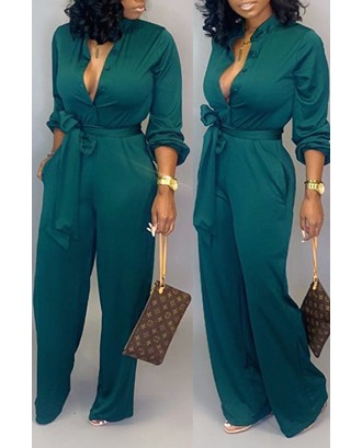 Lovely Work Lace-up Loose Green One-piece Jumpsuit