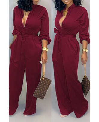 Lovely Work Lace-up Loose Wine Red One-piece Jumpsuit