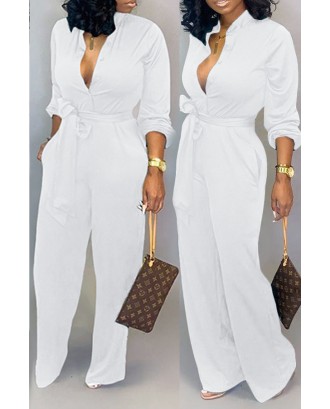 Lovely Work Lace-up Loose White One-piece Jumpsuit