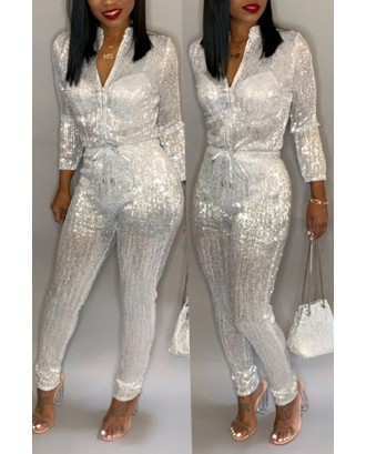 Lovely Trendy  Zipper Design White Blending One-piece Jumpsuit