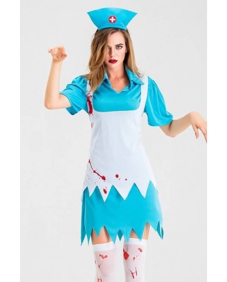 Jade-blue Nurse Blood Print Horror Halloween Cosplay Apparel