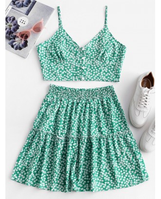 Floral Print Buttoned A Line Skirt Set - Green S