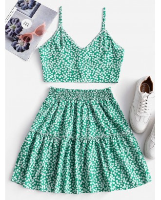Floral Print Buttoned A Line Skirt Set - Green S