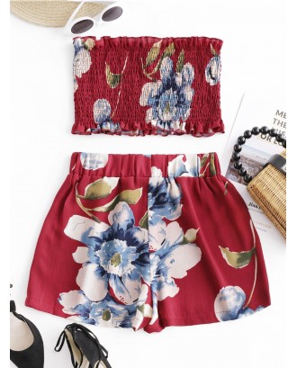 Smocked Floral Bandeau Top And Shorts Set - Red Wine L