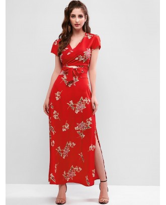 Floral Print Tie Front Overlap Skirt Set - Red L