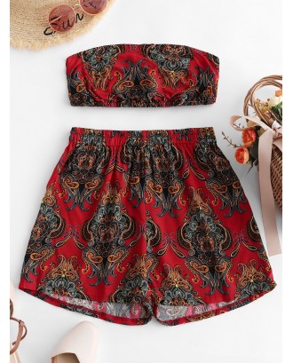  Smocked Hippie Paisley Bandeau Top And Shorts Set - Red S