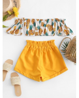 Off Shoulder Pineapple Top And Paperbag Shorts Set - Yellow Xl
