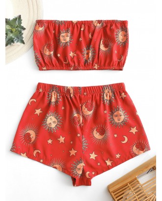  Star Sun And Moon Bandeau Top And Shorts Set - Lava Red M