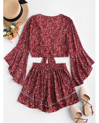 Flare Sleeve Knotted Floral Blouse And Flounce Shorts Set - Red Wine M