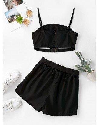  Buckle Zip Pocket Belted Two Piece Shorts Set - Black S