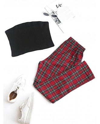Solid Strapless Top And Plaid Pants Set - Red S