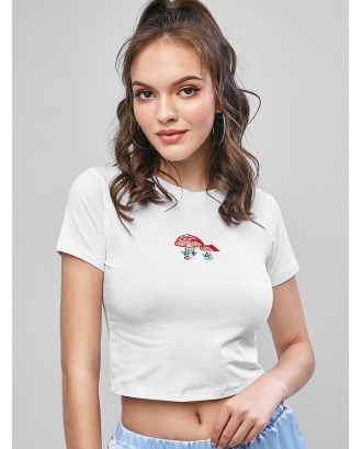 Cropped Mushroom Floral Embroidered Tee - White S