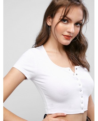 Snap Button Crop Solid Tee - White S