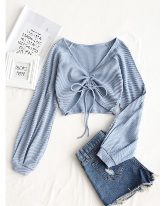 Textured Knitted Gathered Top - Grey Blue S