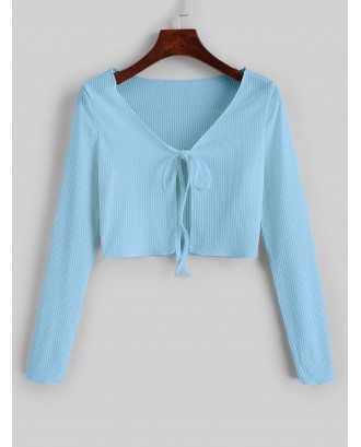 Ribbed Tie Front Cropped Tee - Light Sky Blue S