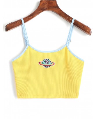 Planet Embroidered Patched Ringer Cami Top - Yellow S