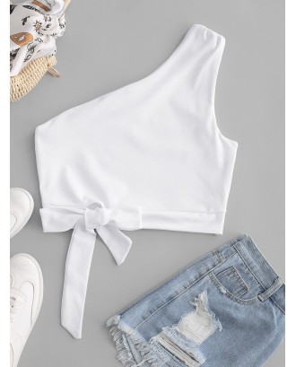 One Shoulder Knotted Crop Tank Top - White S