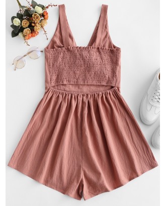  Knotted Cut Out Smocked Sleeveless Romper - Rose L