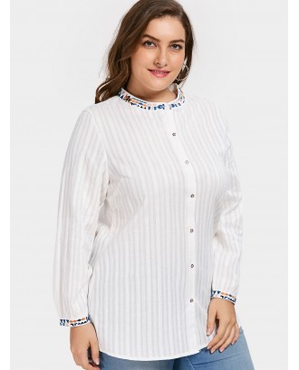 Button Up Embroidered Plus Size Shirt - White 2xl
