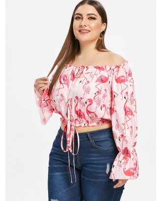 Flamingo Print Plus Size Flare Sleeve Blouse - Pink 2x