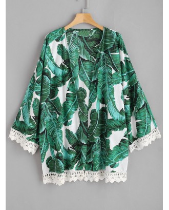 Palm Leaf Crochet Trim Plus Size Kimono - Multi 1x