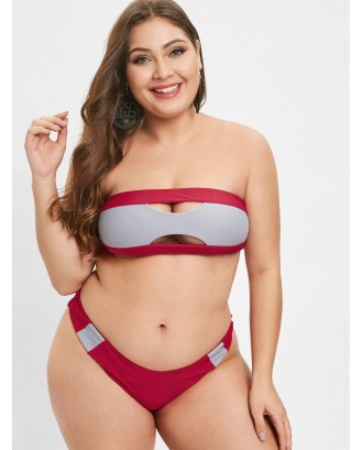  Two Tone Bralette Plus Size Swimwear Set - Red 1x