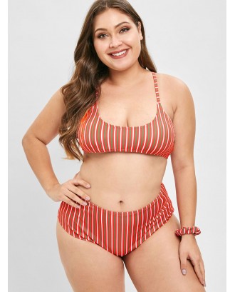  Striped Plus Size Swimwear Set With Hair Band - Red 3x