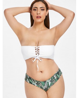  Plus Size Leaf Lace Up Swimwear Set - White 3xl