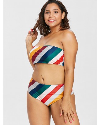 Plus Size High Waisted Striped Bandeau Swimwear - Multi-a L