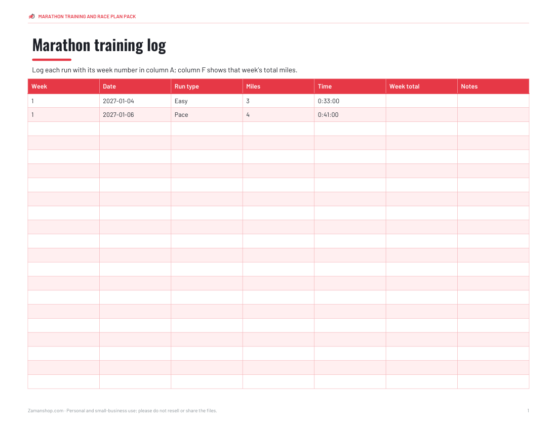 Preview of the first page of Training log (XLSX)